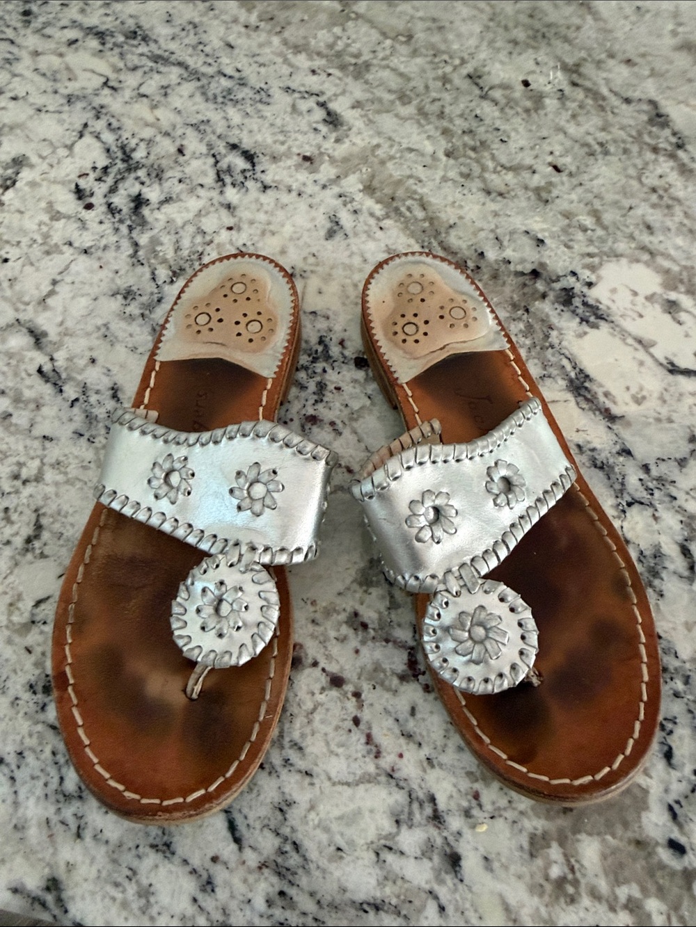 Jack Rogers Silver Floral Leather Toe-Post Sandals